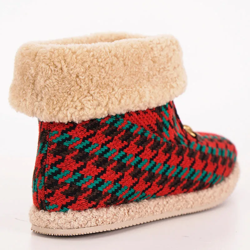 37.5 NEW $950 GUCCI Red Green HOUNDSTOOTH WOOL Gold Horsebit Ankle BOOTS