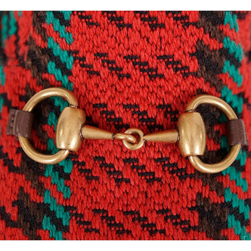 37.5 NEW $950 GUCCI Red Green HOUNDSTOOTH WOOL Gold Horsebit Ankle BOOTS