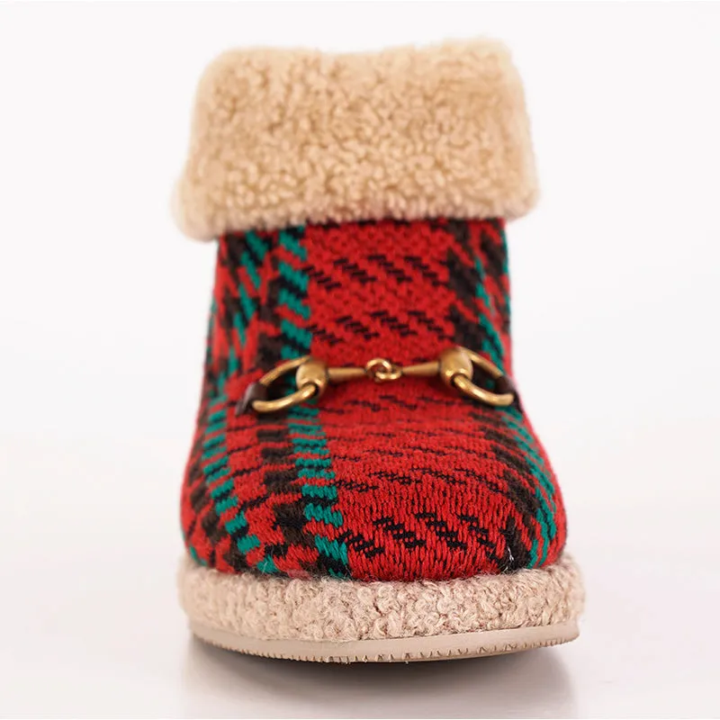 37.5 NEW $950 GUCCI Red Green HOUNDSTOOTH WOOL Gold Horsebit Ankle BOOTS