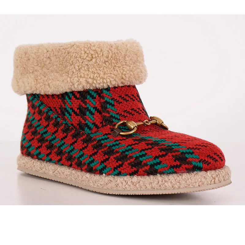 37.5 NEW $950 GUCCI Red Green HOUNDSTOOTH WOOL Gold Horsebit Ankle BOOTS