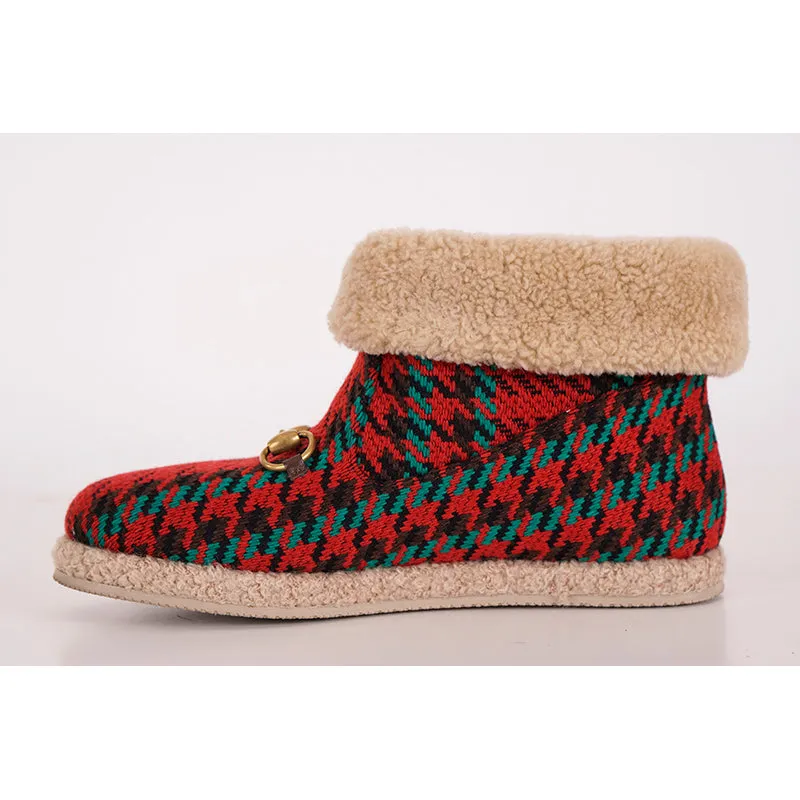 37.5 NEW $950 GUCCI Red Green HOUNDSTOOTH WOOL Gold Horsebit Ankle BOOTS