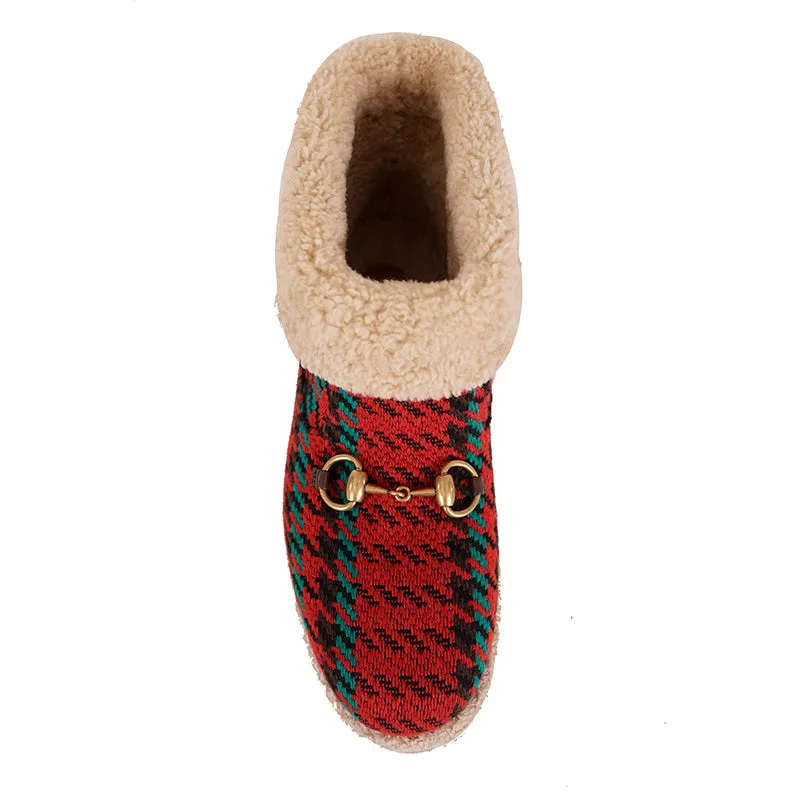 37.5 NEW $950 GUCCI Red Green HOUNDSTOOTH WOOL Gold Horsebit Ankle BOOTS