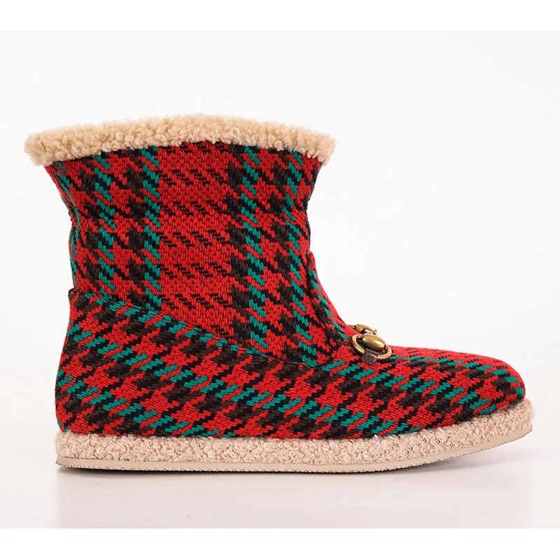 37.5 NEW $950 GUCCI Red Green HOUNDSTOOTH WOOL Gold Horsebit Ankle BOOTS