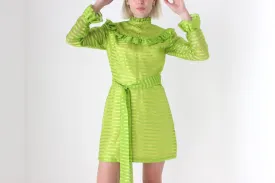 70s Lime Green Organza Ruffle Mini Dress