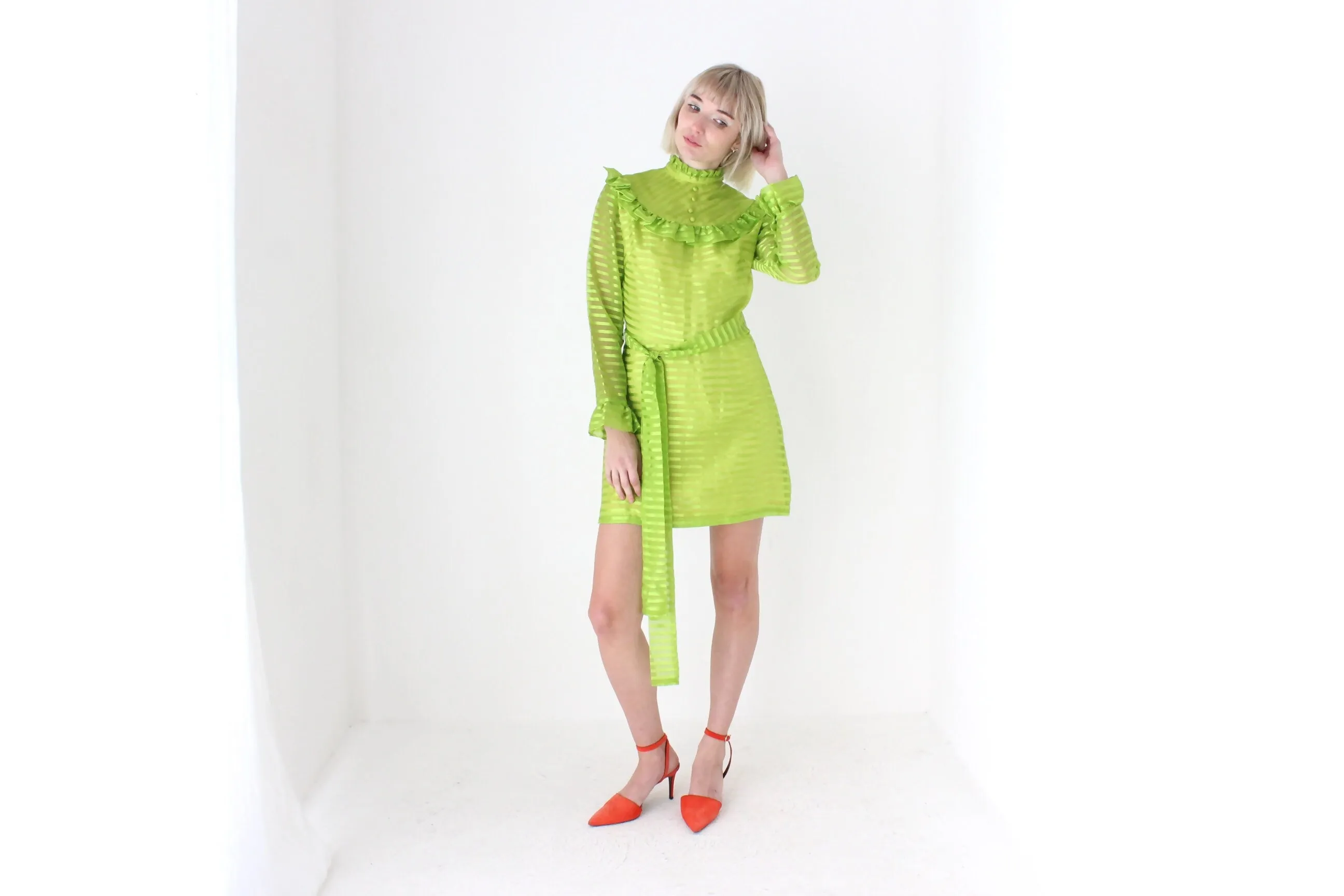 70s Lime Green Organza Ruffle Mini Dress