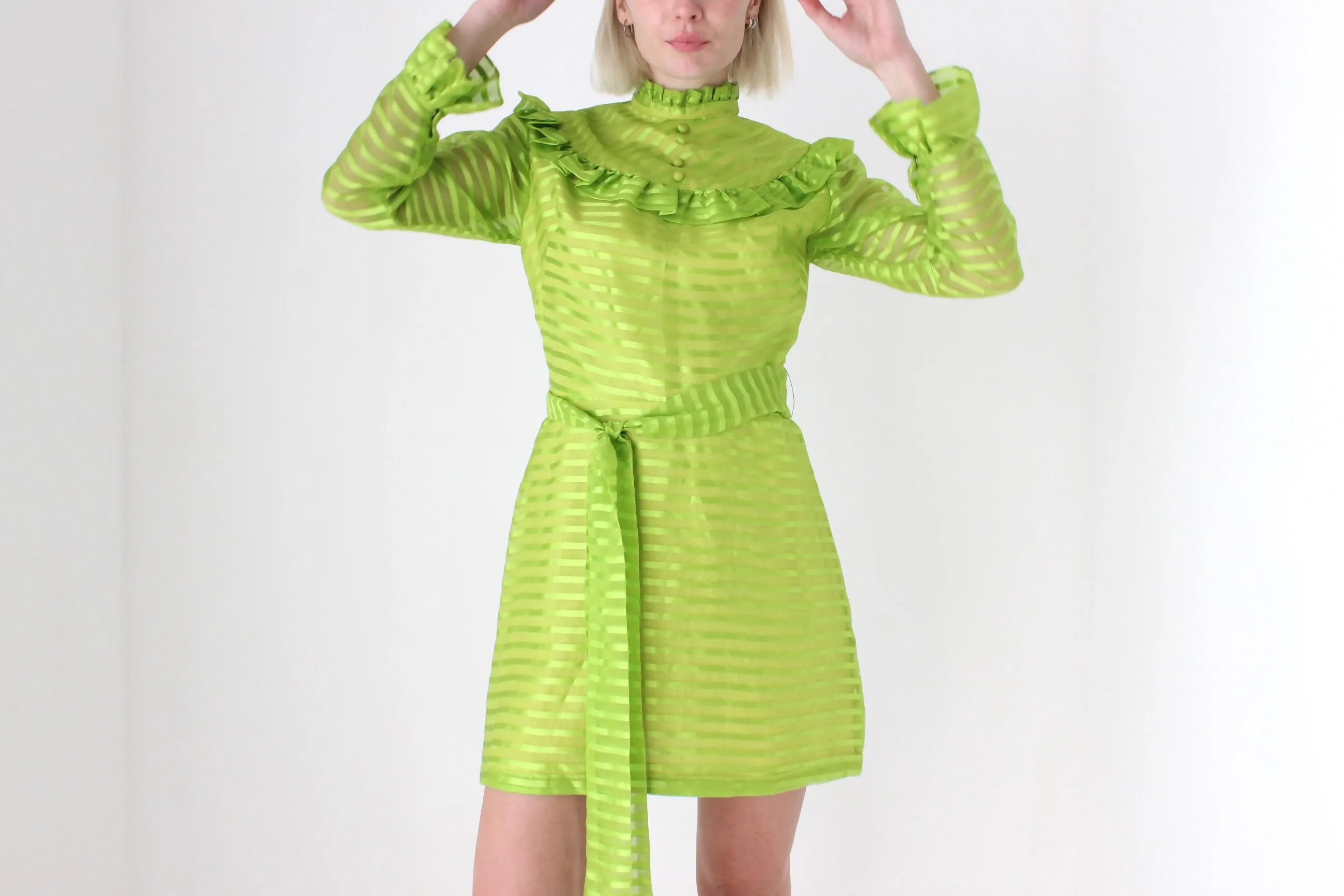 70s Lime Green Organza Ruffle Mini Dress