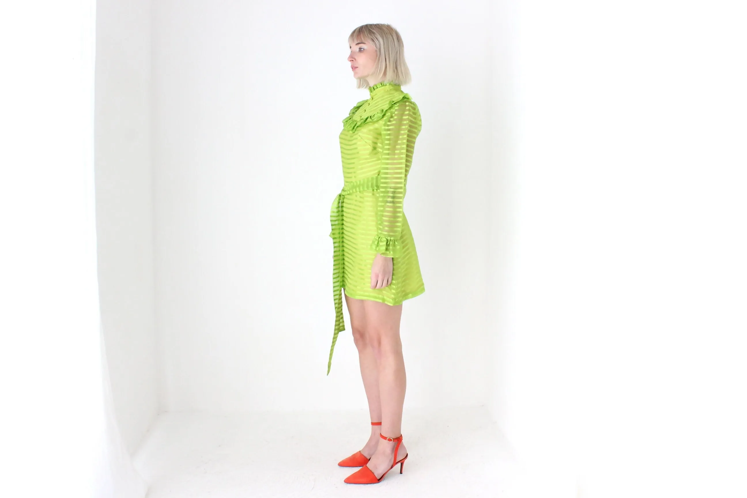 70s Lime Green Organza Ruffle Mini Dress