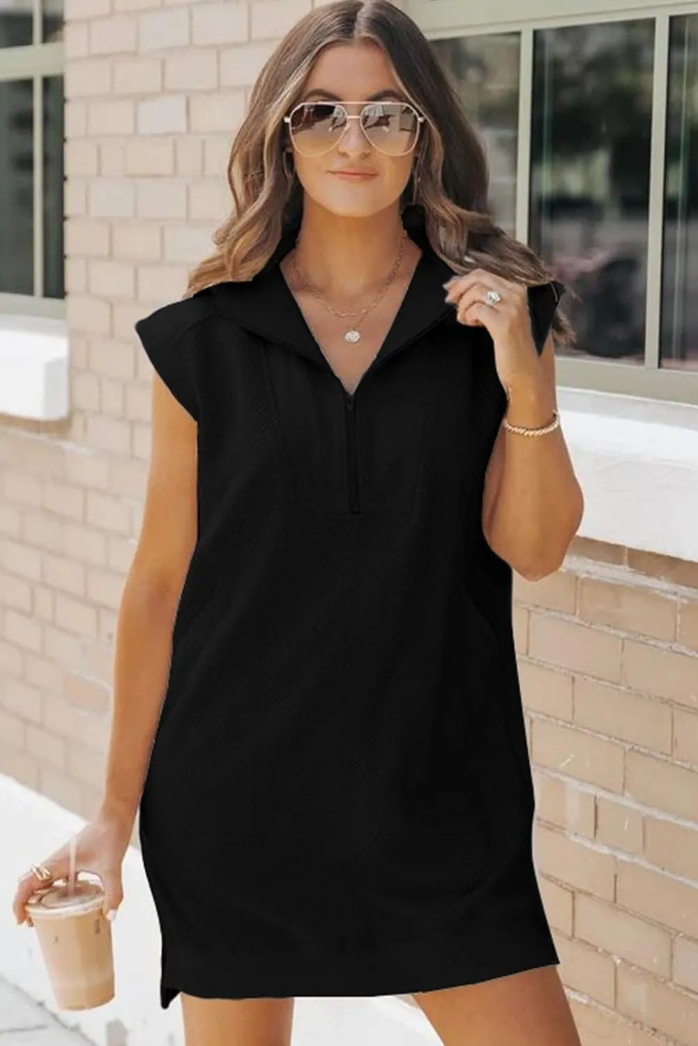 AlvaQ Womens Summer Dresses 2025 Casual Sleeveless Half Zip V Neck Tunic Sweatshirt Mini Dress with Pockets