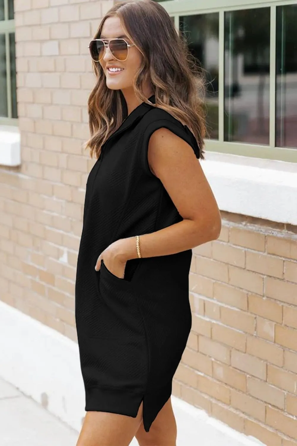 AlvaQ Womens Summer Dresses 2025 Casual Sleeveless Half Zip V Neck Tunic Sweatshirt Mini Dress with Pockets
