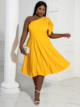 AOMEIDRESS Yellow One Shoulder Ruffle High Waist Pleated A Line Dress