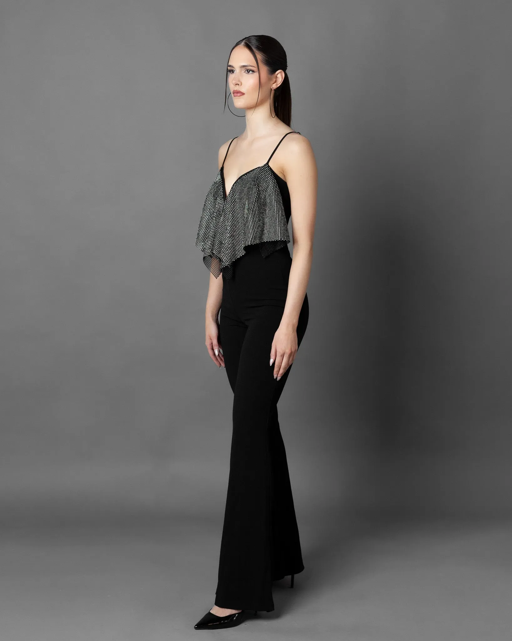 Cassis Rhinestone Mesh Top Jumpsuit