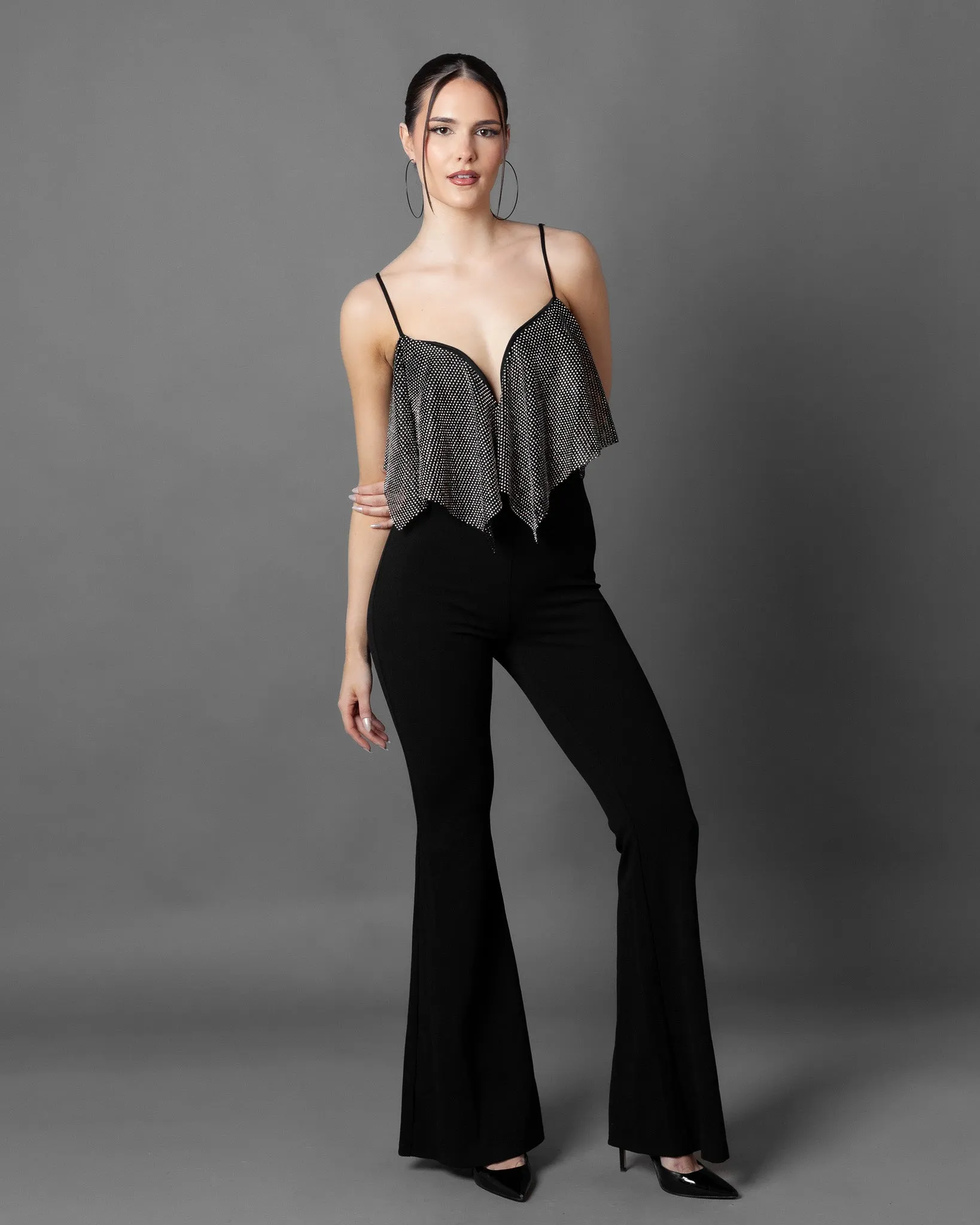 Cassis Rhinestone Mesh Top Jumpsuit