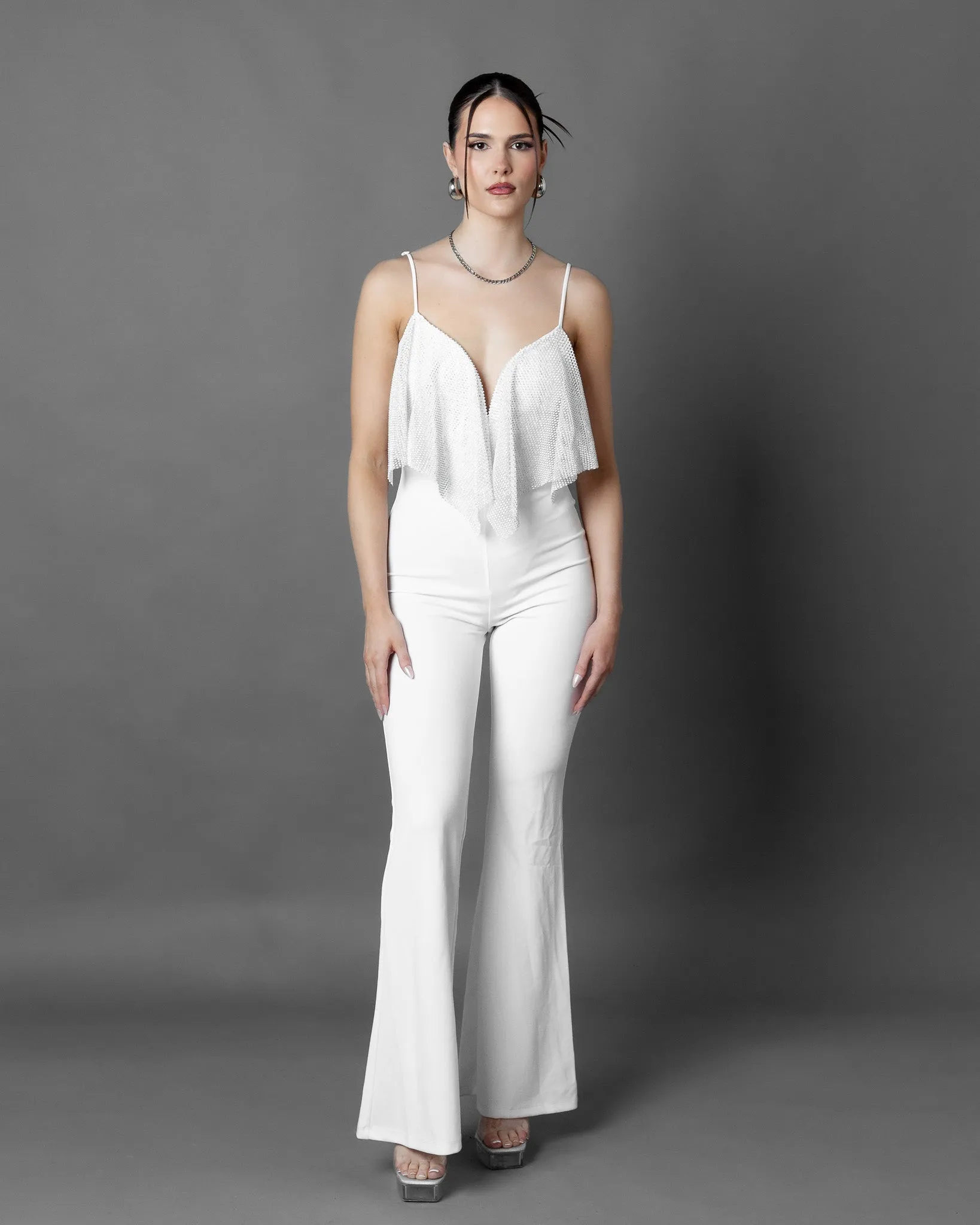 Cassis Rhinestone Mesh Top Jumpsuit
