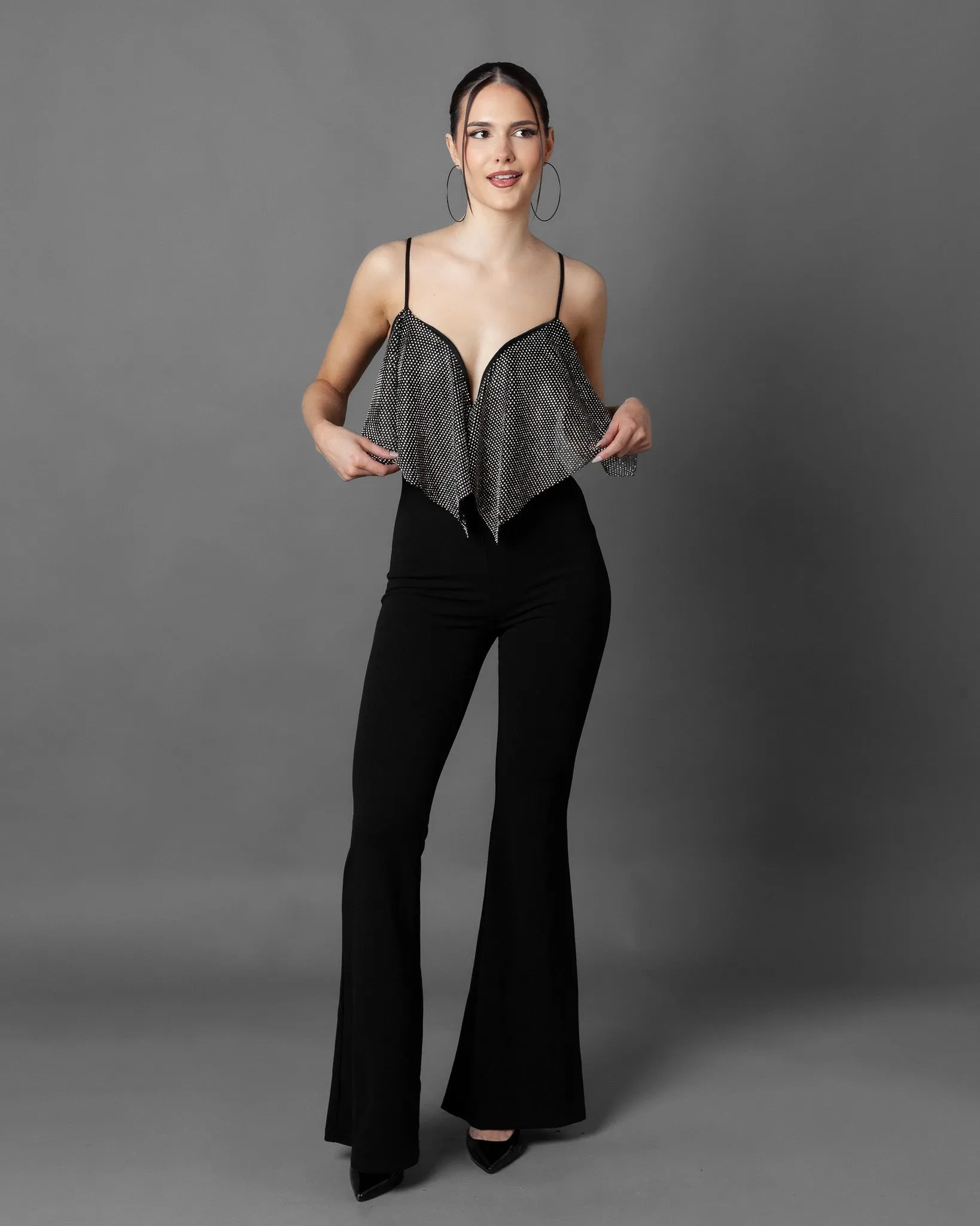 Cassis Rhinestone Mesh Top Jumpsuit
