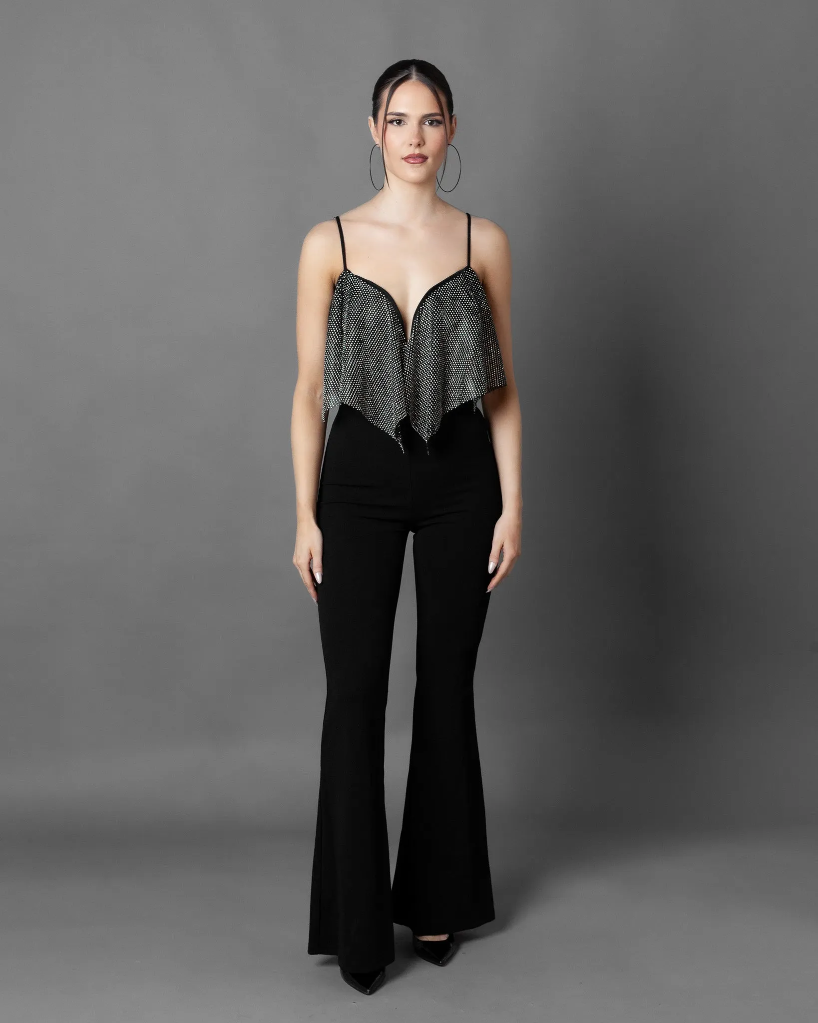 Cassis Rhinestone Mesh Top Jumpsuit