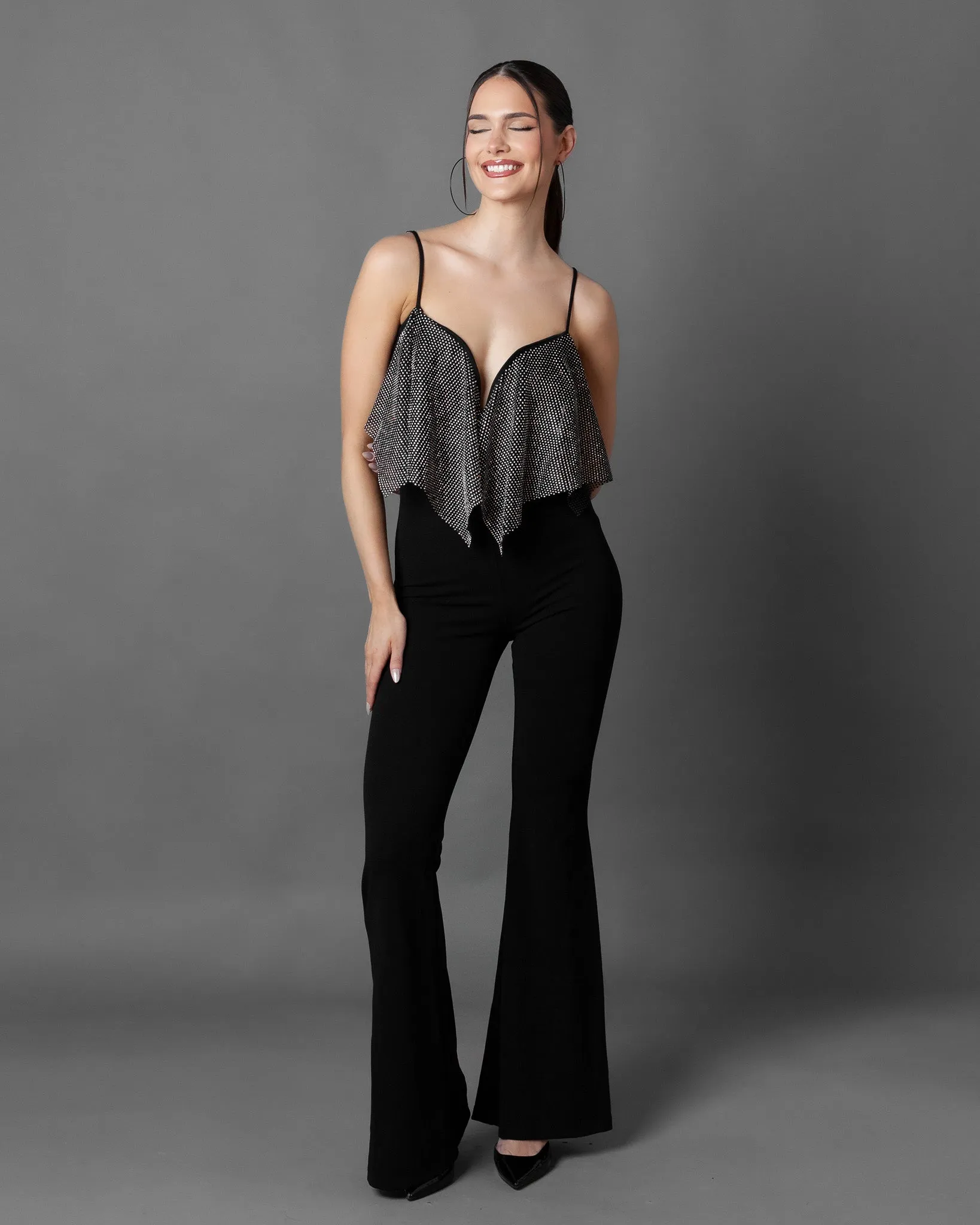 Cassis Rhinestone Mesh Top Jumpsuit