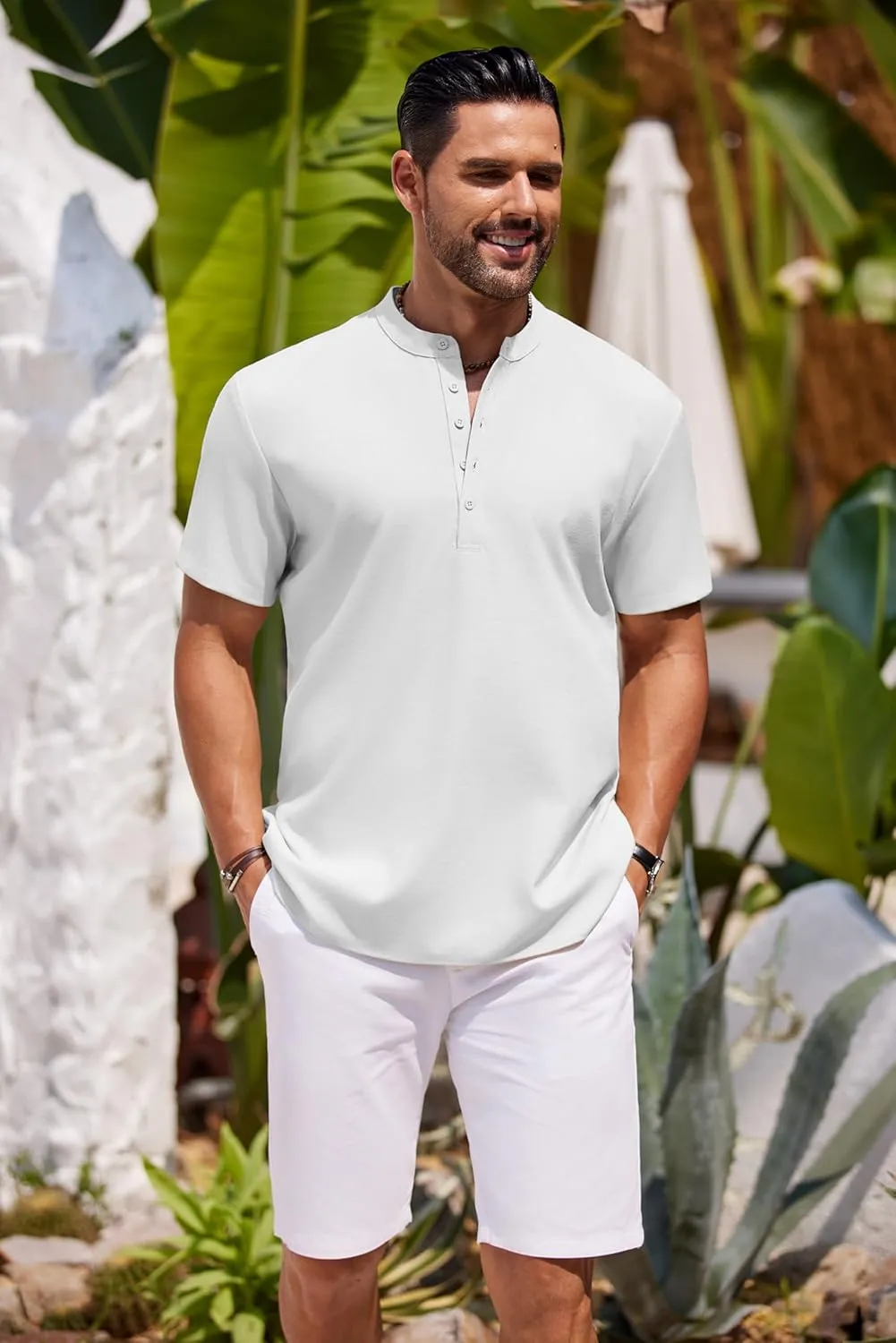 COOFANDY Men's Short Sleeve Henley Shirts Casual Collarless Shirt Band Collar Henley Summer Beach Henley T-Shirt