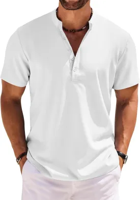 COOFANDY Men's Short Sleeve Henley Shirts Casual Collarless Shirt Band Collar Henley Summer Beach Henley T-Shirt