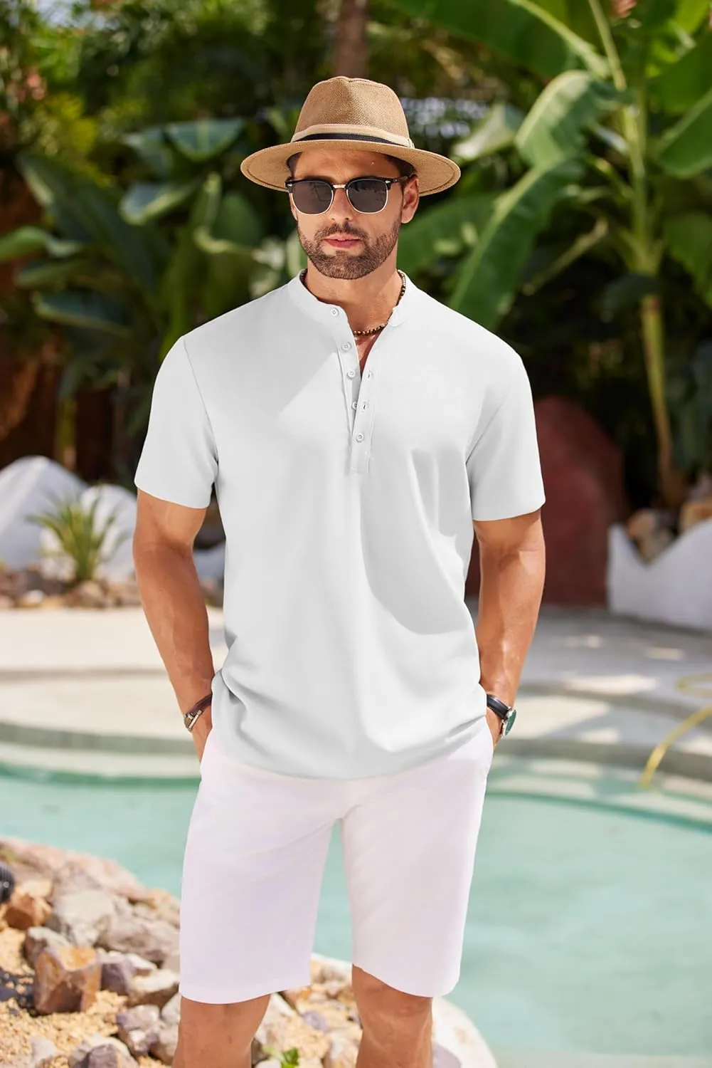 COOFANDY Men's Short Sleeve Henley Shirts Casual Collarless Shirt Band Collar Henley Summer Beach Henley T-Shirt