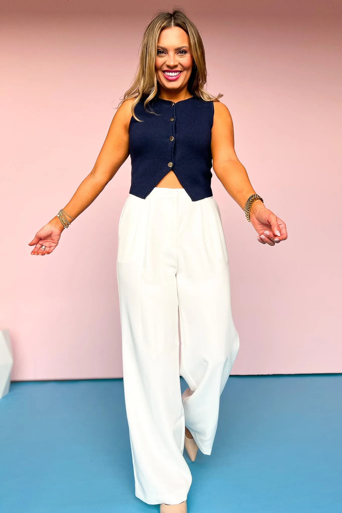 Cream High Waist Front Pleat Wide Leg Pants