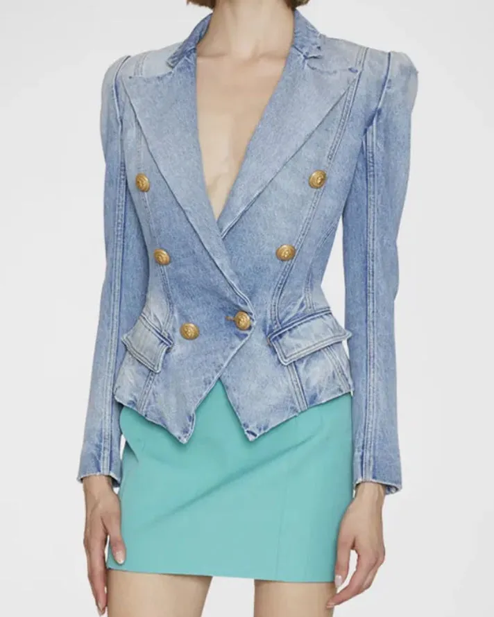Denim Peak Lapel Double Breasted Gold Button Blazer