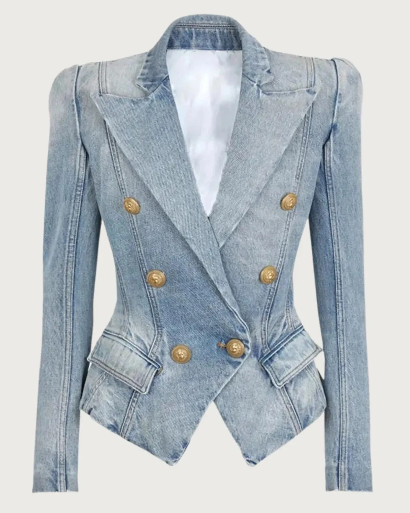 Denim Peak Lapel Double Breasted Gold Button Blazer