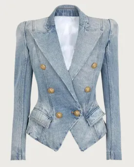 Denim Peak Lapel Double Breasted Gold Button Blazer