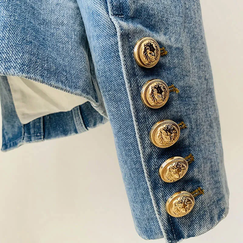 Denim Peak Lapel Double Breasted Gold Button Blazer