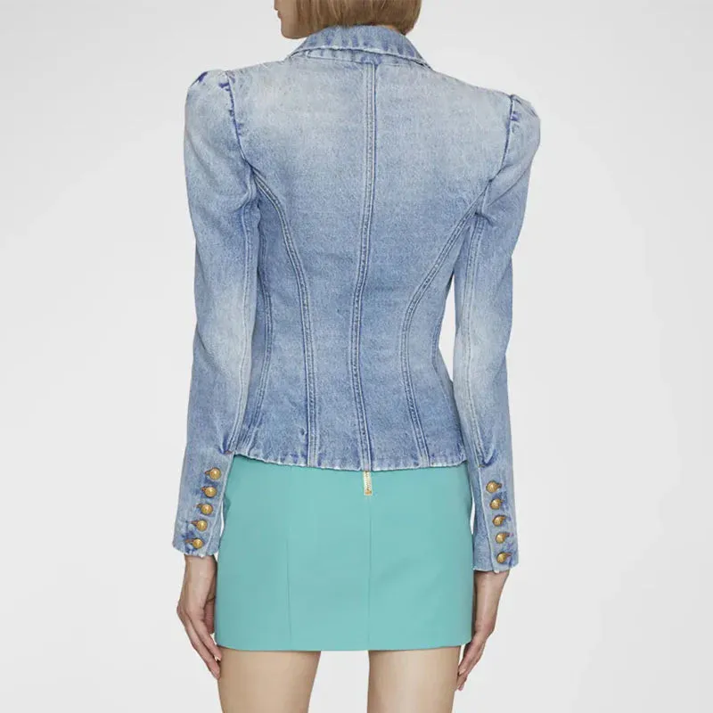 Denim Peak Lapel Double Breasted Gold Button Blazer