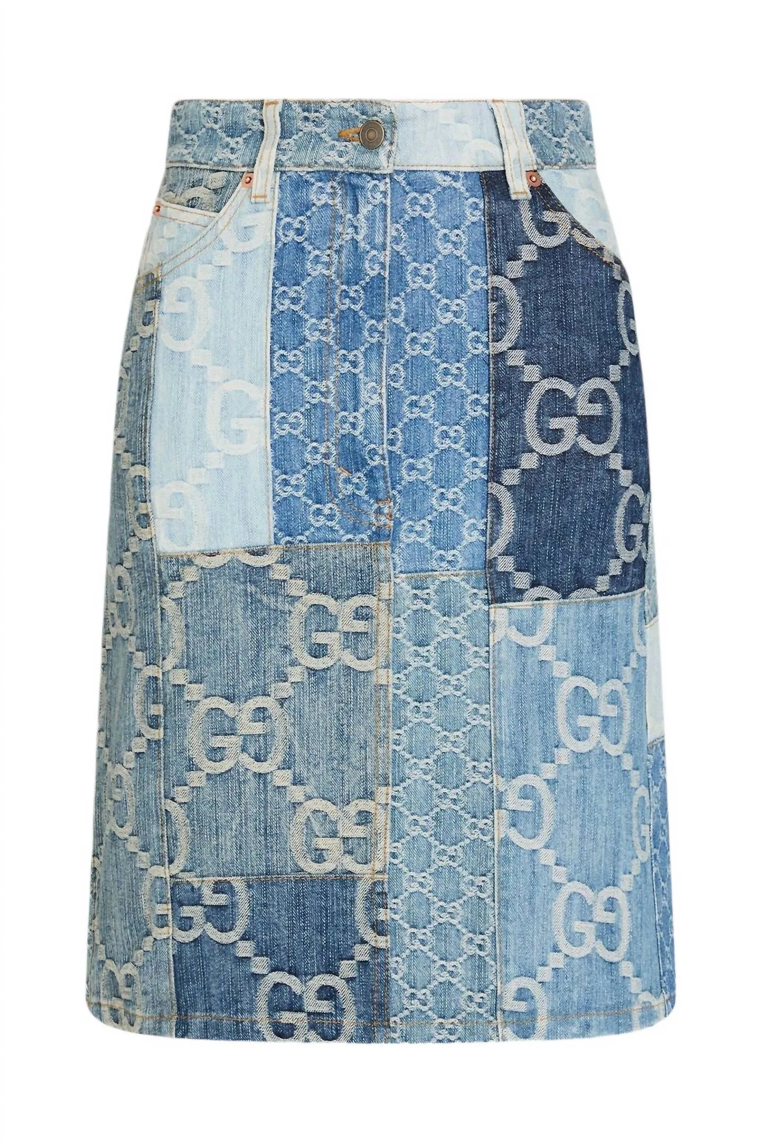 Eco Wash Patchwork Denim Midi Skirt In Blue