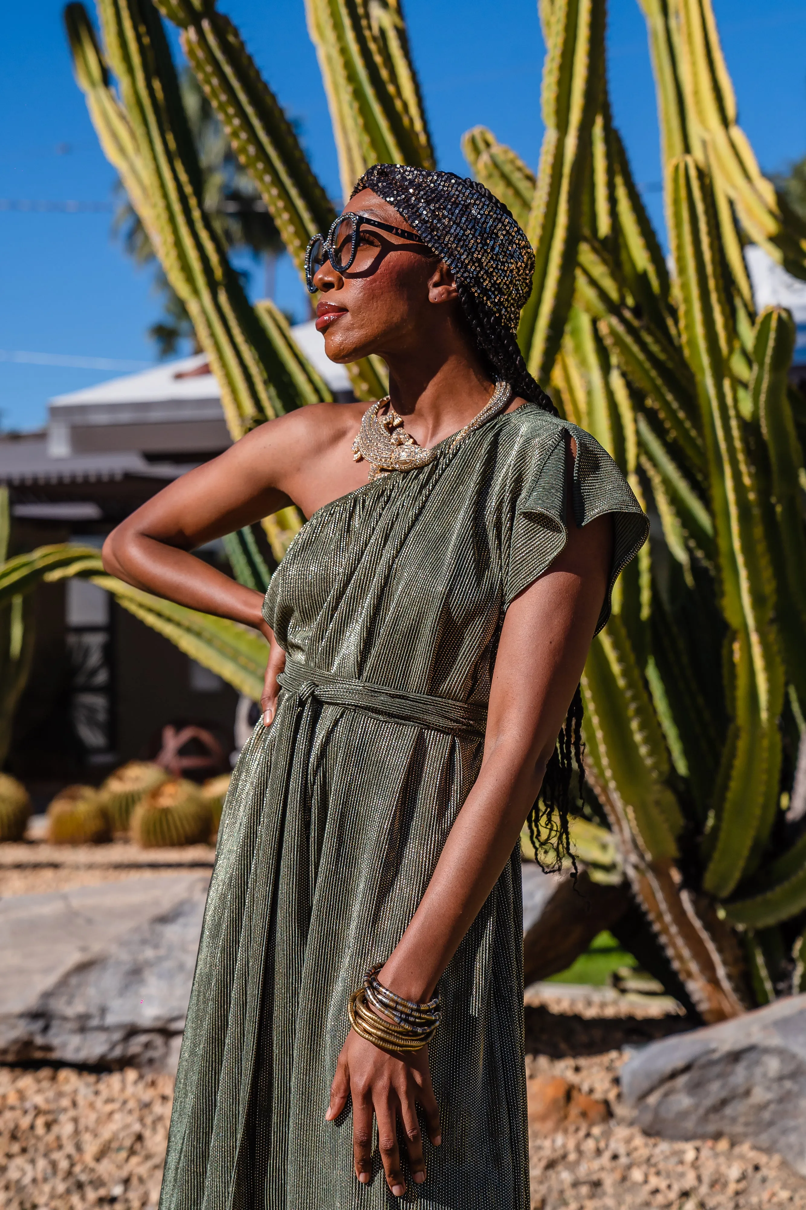 Electrum Slink Pleated One-Shoulder Maxi Dress