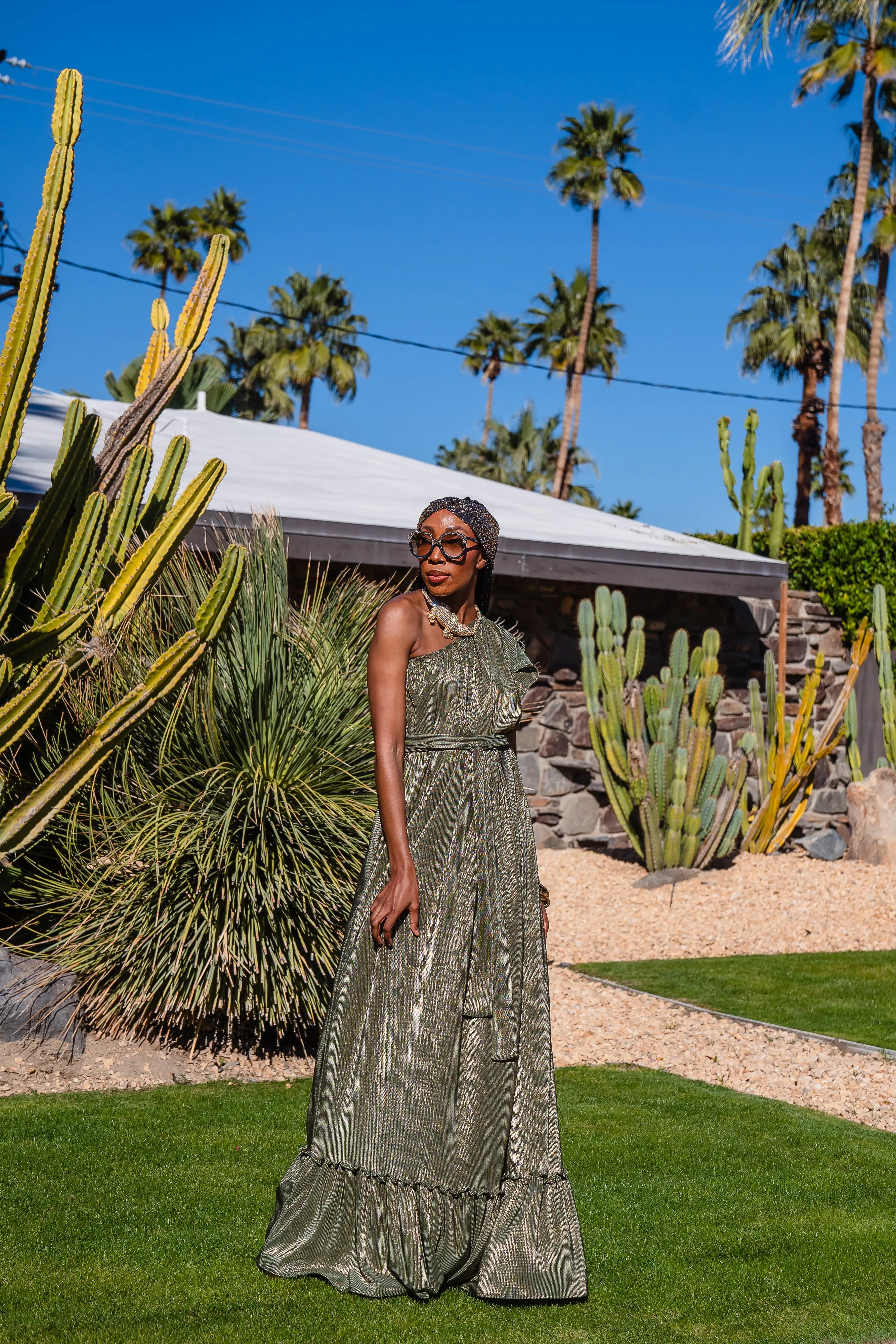 Electrum Slink Pleated One-Shoulder Maxi Dress