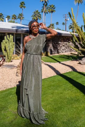 Electrum Slink Pleated One-Shoulder Maxi Dress