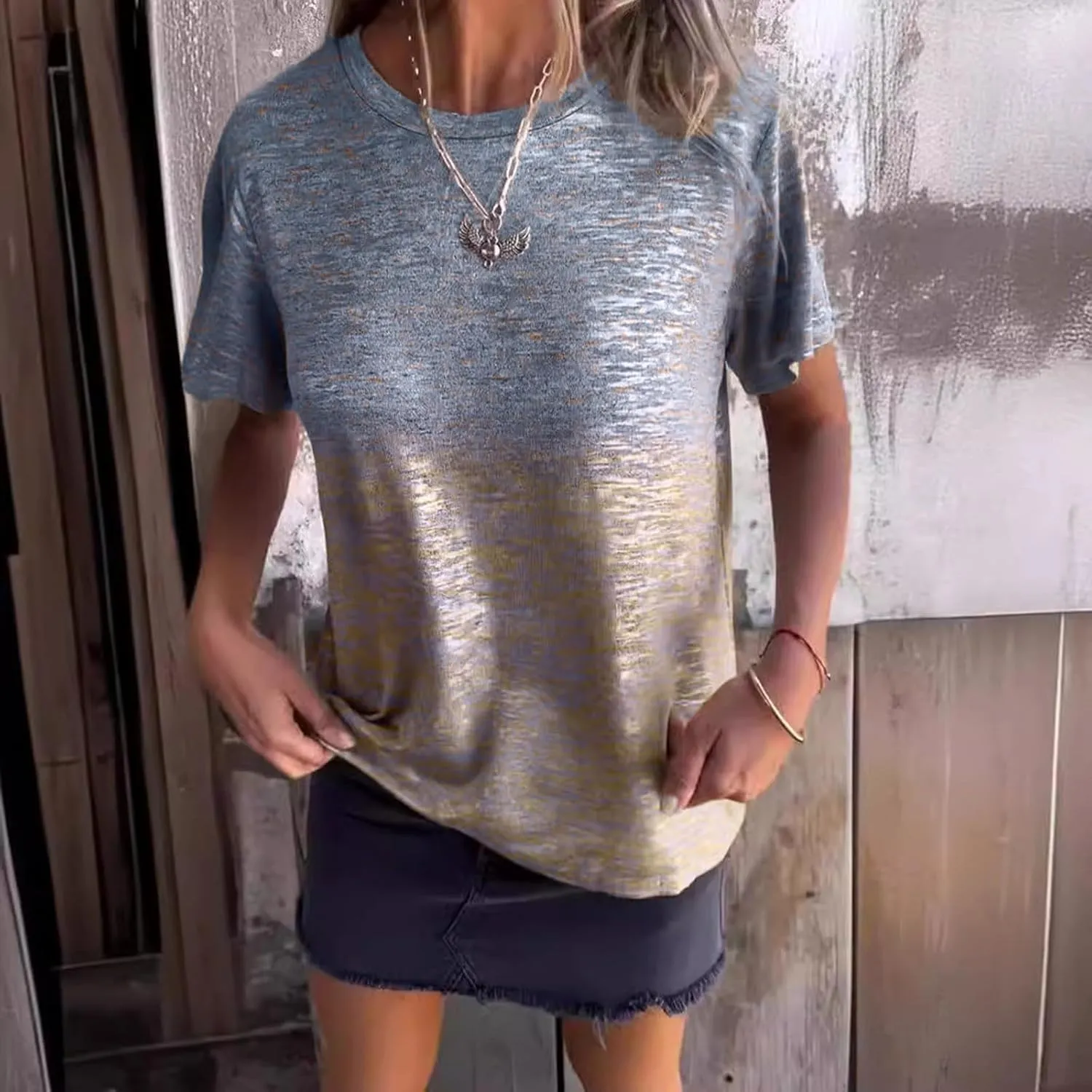 Emboadlie Gold Foil Short-Sleeved T-Shirt, Fortunatie Summer Casual Women's Round Neck Short-Sleeved Summer Top