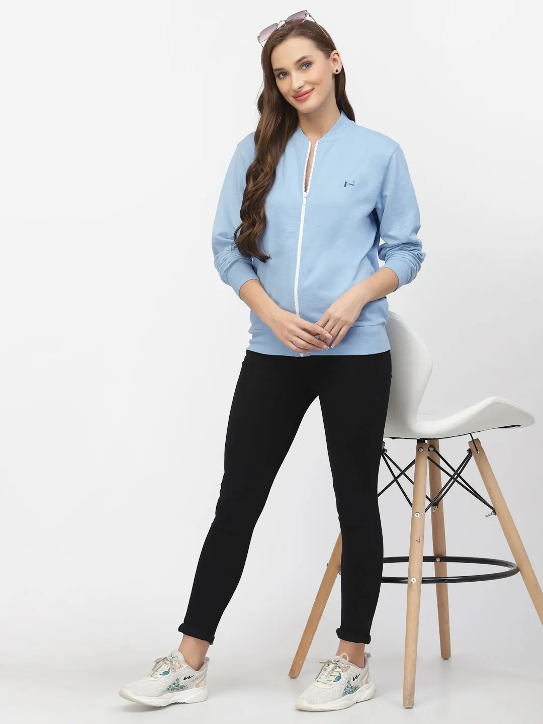 Flawless Women Blue Solid Zipper Sweatshirt