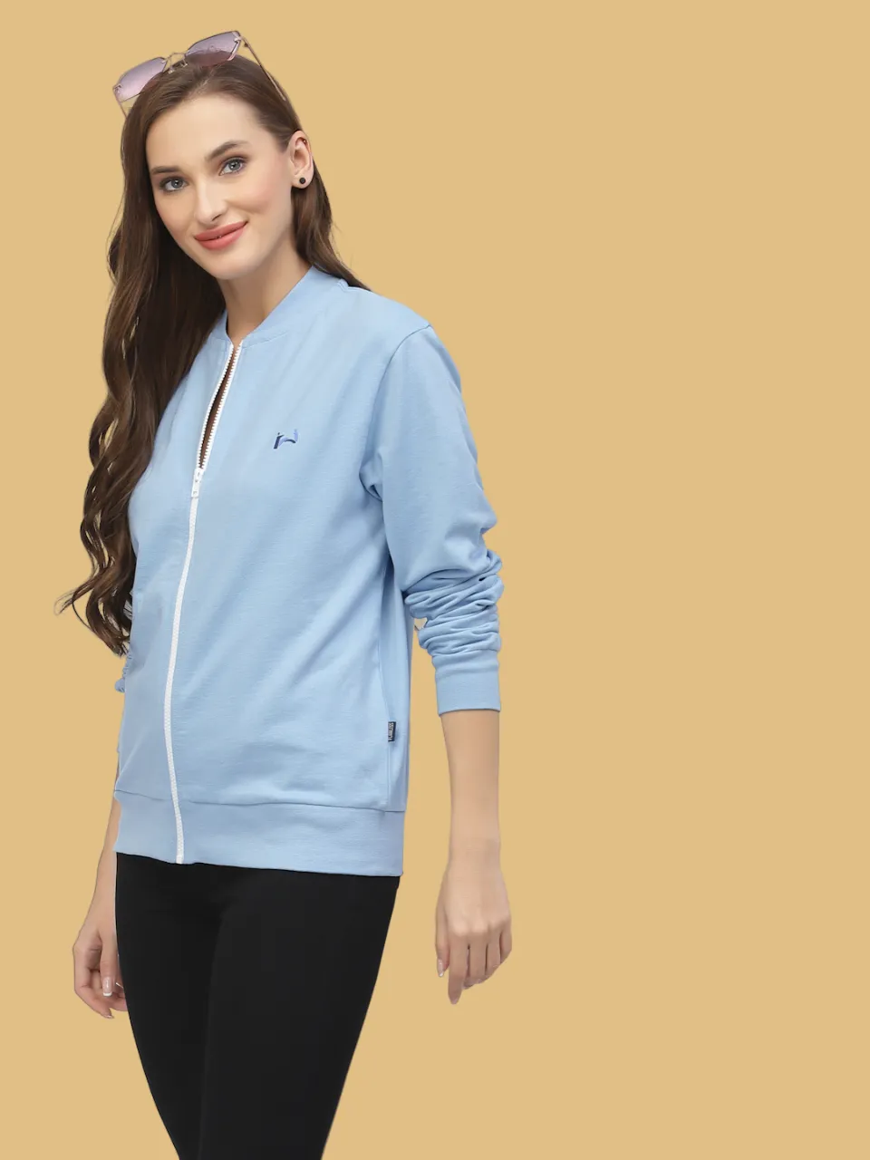 Flawless Women Blue Solid Zipper Sweatshirt