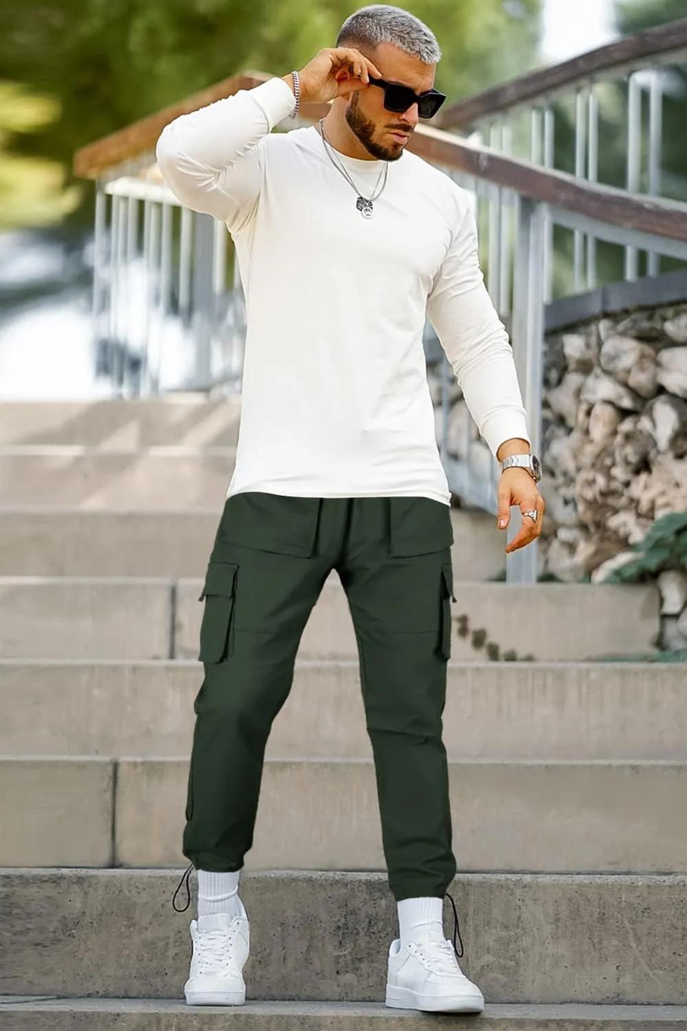 GINGTTO Men's Casual Cargo Pants Elastic Waist Camo Pants Hiking Joggers