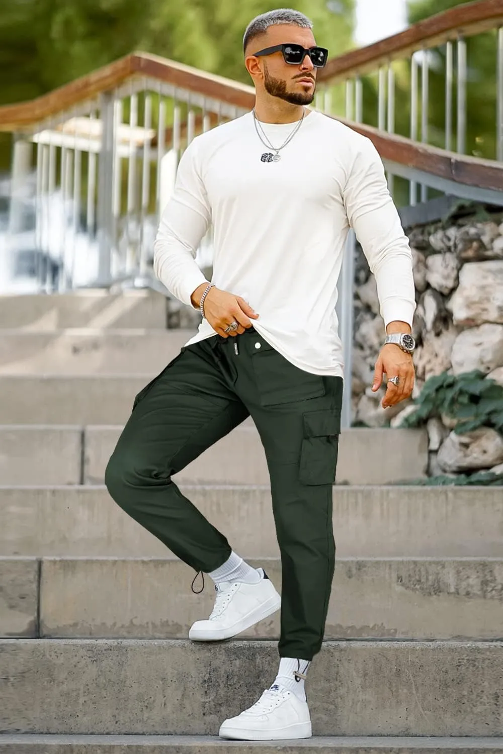GINGTTO Men's Casual Cargo Pants Elastic Waist Camo Pants Hiking Joggers