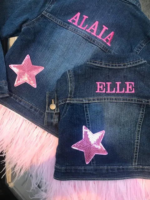Girl's Personalized Denim Jacket with Feathers and Stars