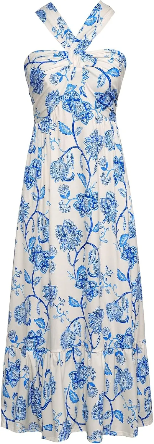 GRACE KARIN 2025 Women's Criss Cross Halterneck Sleeveless Summer Floral Print Flowy A Line Maxi Dress