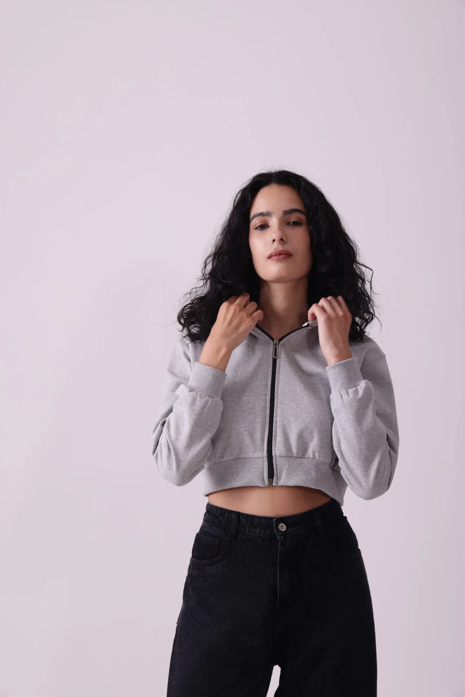Grey Cropped Oversized Zipper Hoodie for Women