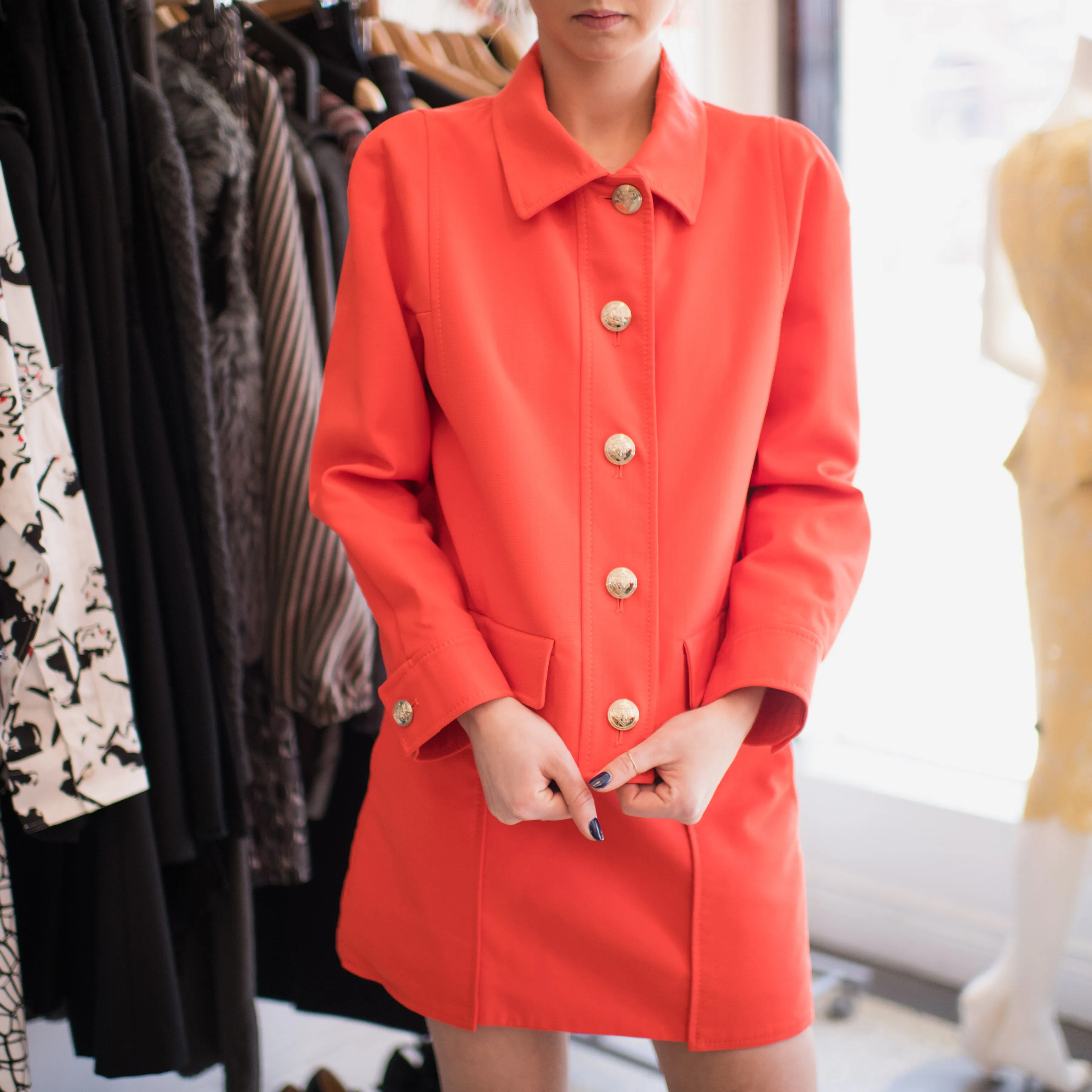 Gucci 1960 Style Orange Skirt Suit with Gold Shield Buttons