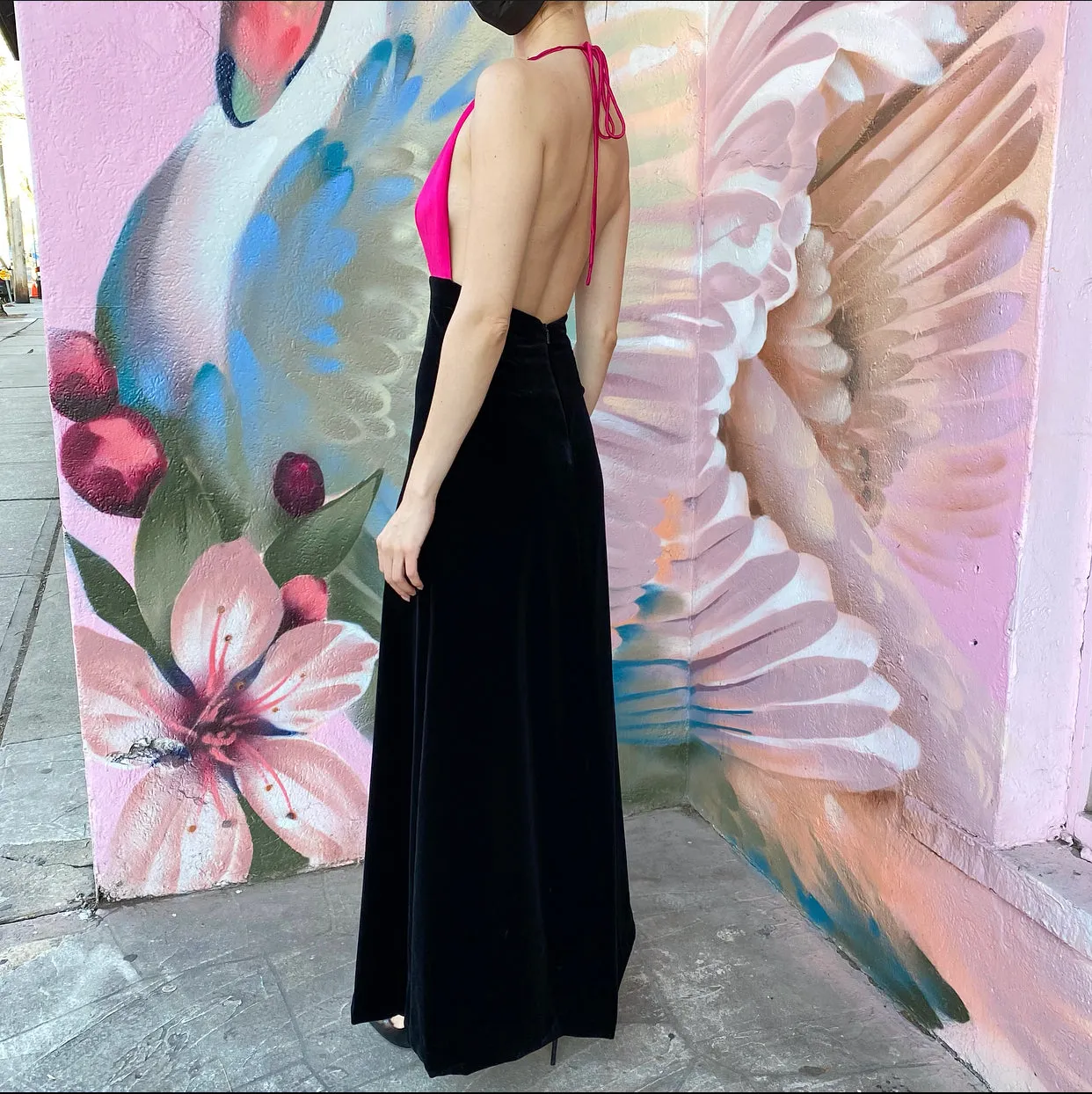 Gucci Fuchsia Pink and Black Velvet Halter Gown - IT38 / USA 2