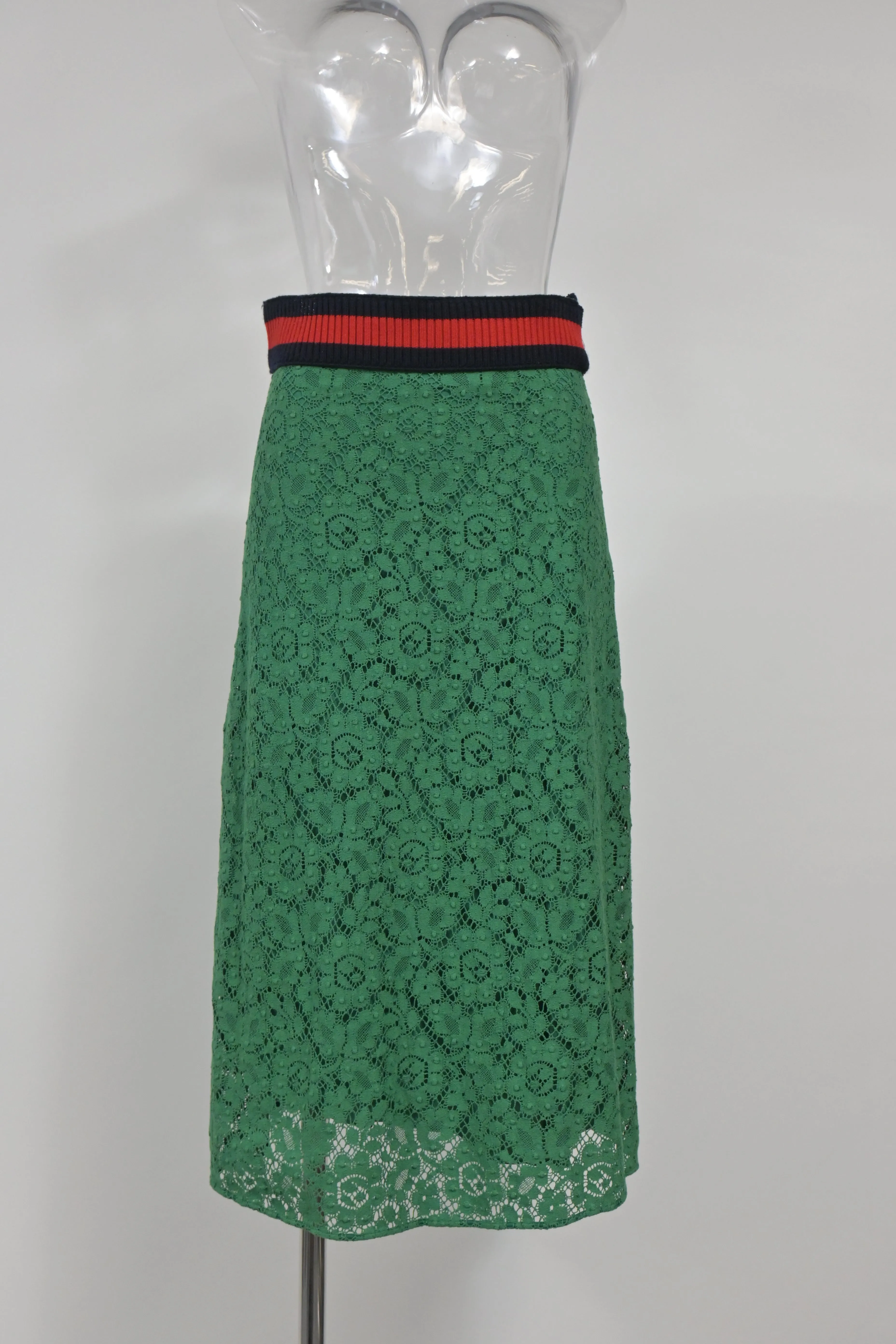 Gucci Lace Ribbed Web Stripe Lace in Green Cotton