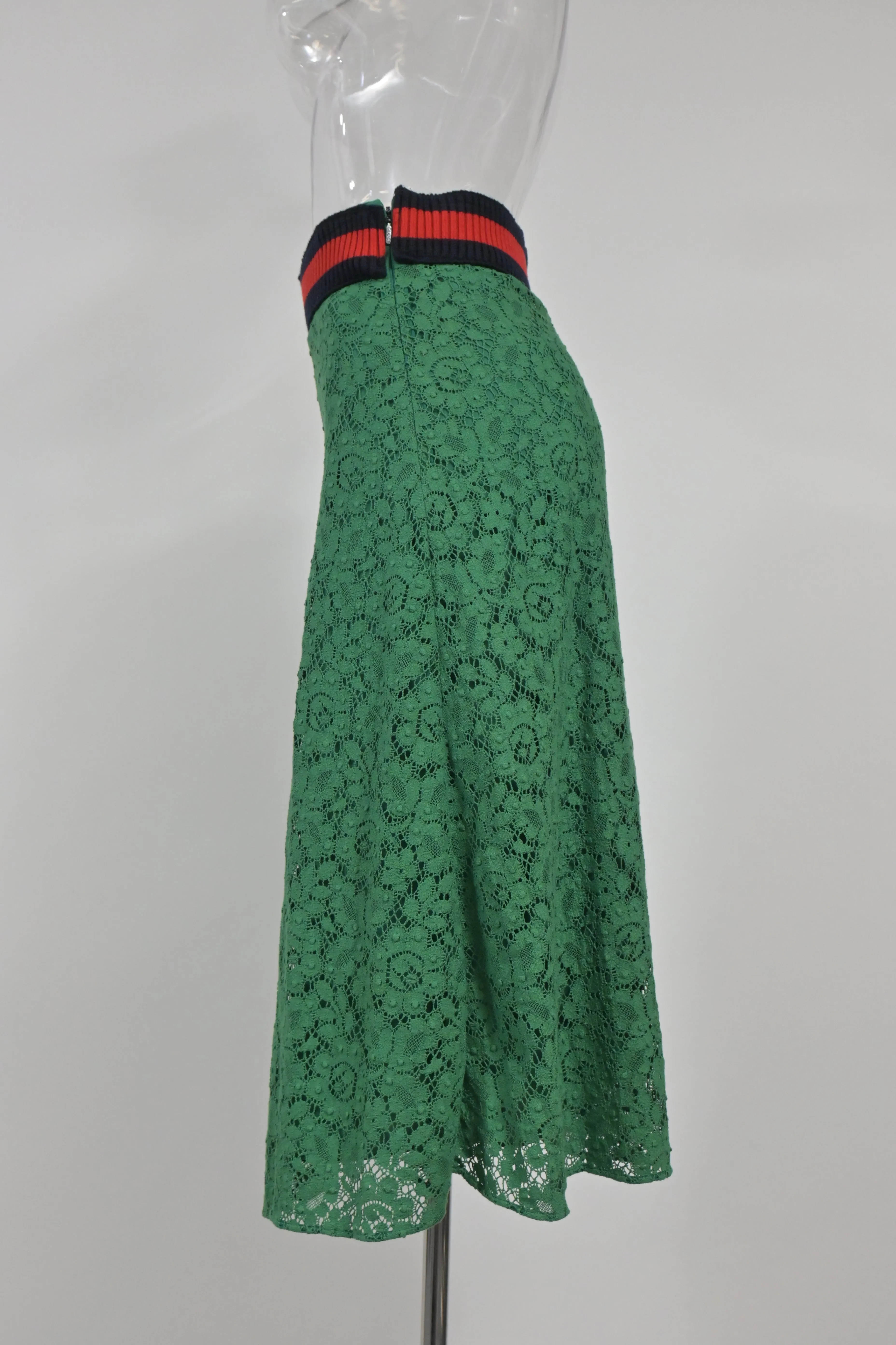 Gucci Lace Ribbed Web Stripe Lace in Green Cotton