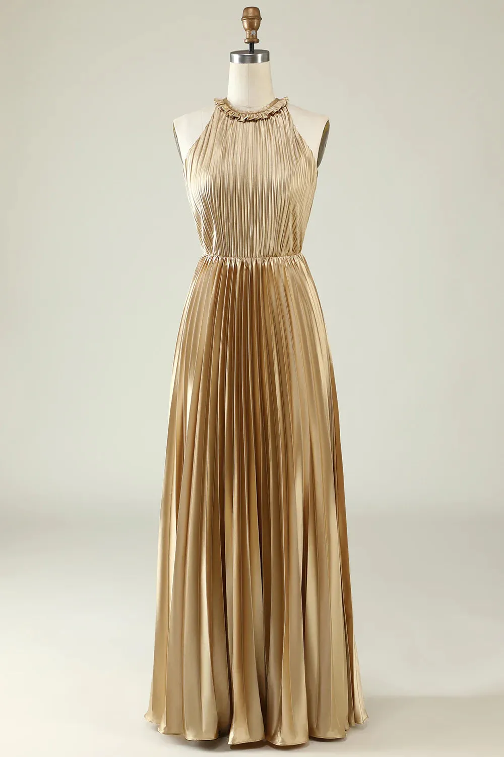 Halter Neck Golden Pleated Long Bridesmaid Dress