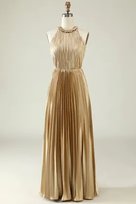 Halter Neck Golden Pleated Long Bridesmaid Dress