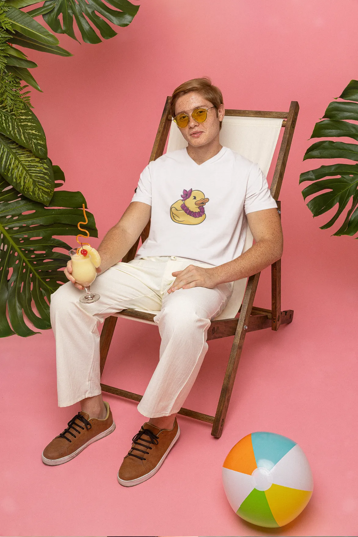 Hawaiian Duck Printed V Neck T-shirt for men