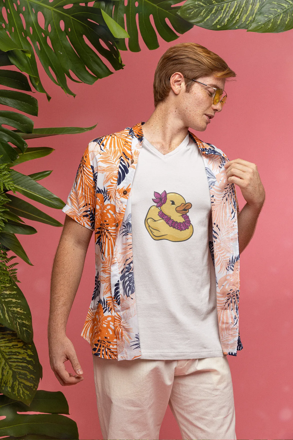 Hawaiian Duck Printed V Neck T-shirt for men