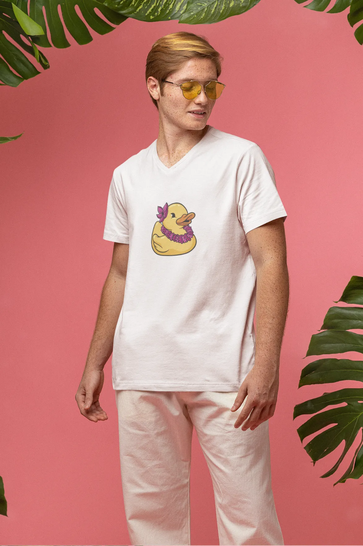 Hawaiian Duck Printed V Neck T-shirt for men
